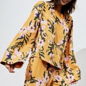 Marimekko Designer Mustard Floral Open Back Bell Sleeve Blouse XS